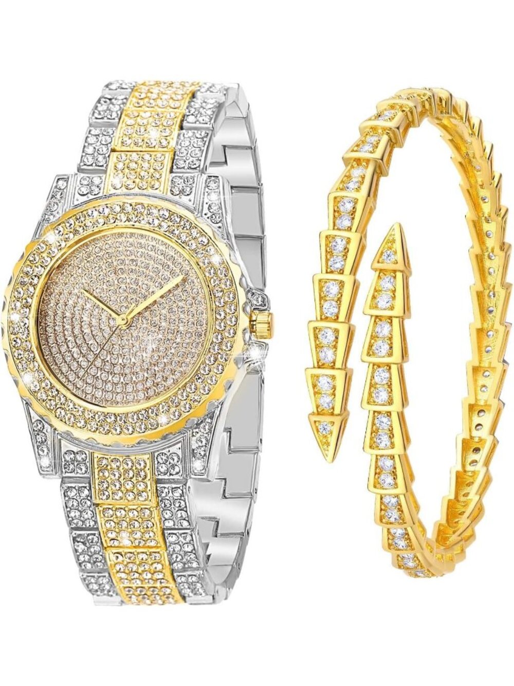 Women's Silver Gold Interior Full Diamond Bling Rhinestone Quartz Crystal Watch